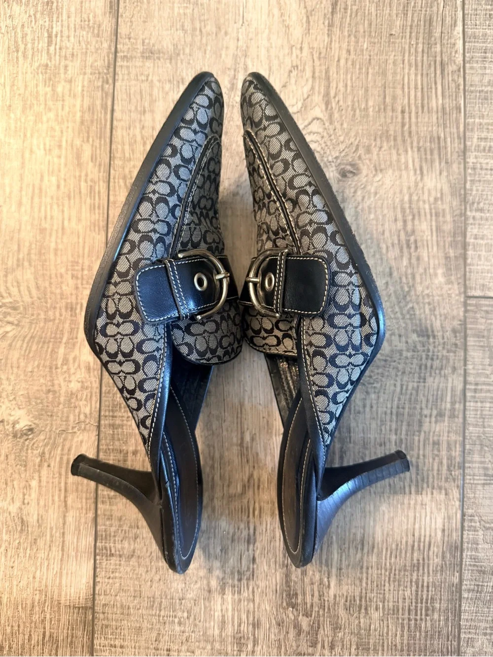 Vintage Coach Kitten Heel Mules Size 8.5 Black Gray Logo Design